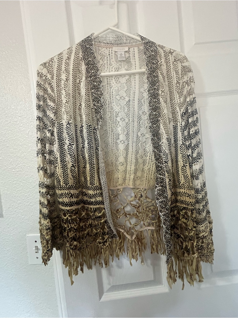 Chico's Cream and Brown Crochet Fringe Open Cardigan